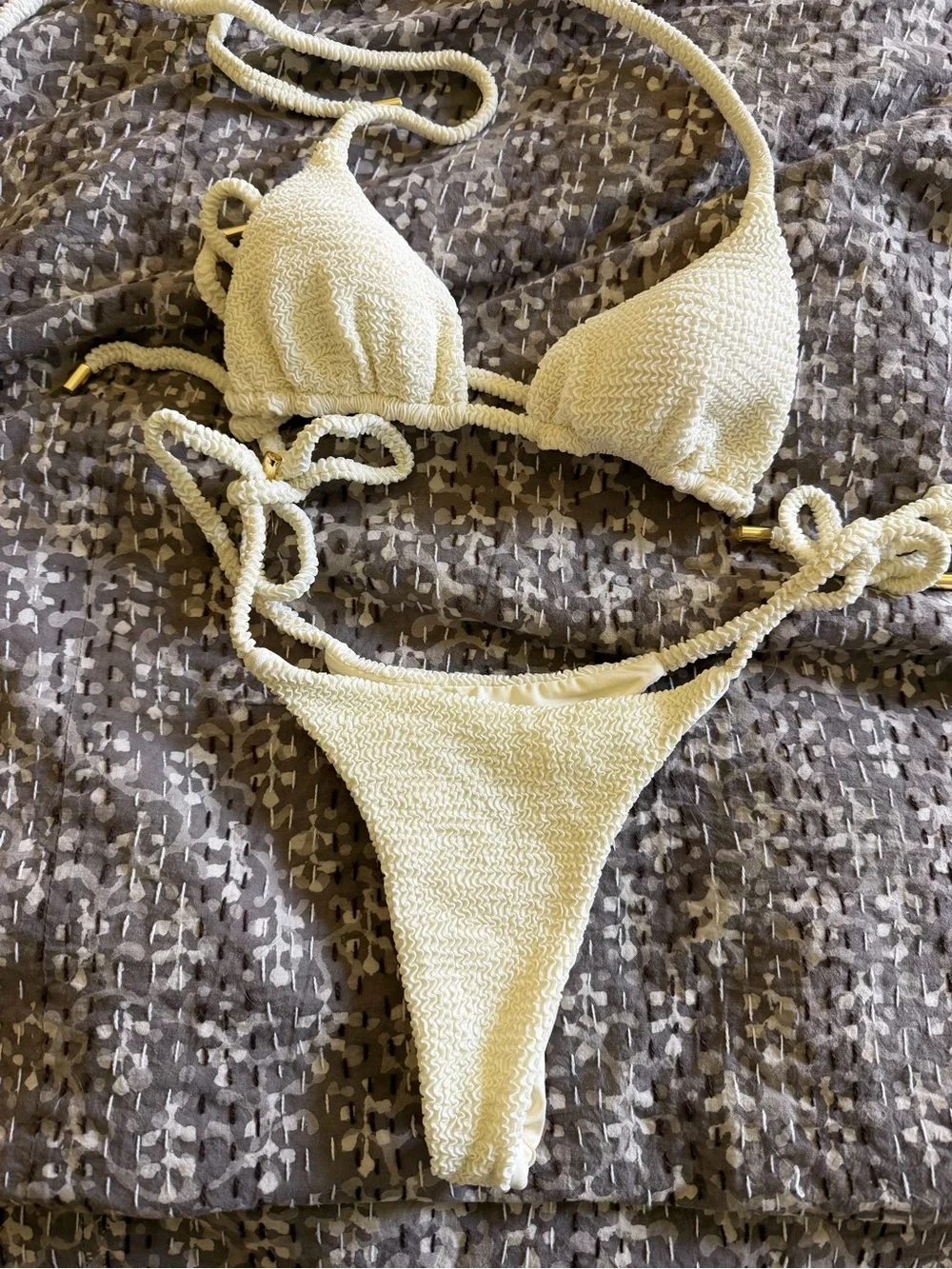 Monday Swimwear Cream Textured Tie-Side Triangle Bikini PALMA - white crinkle